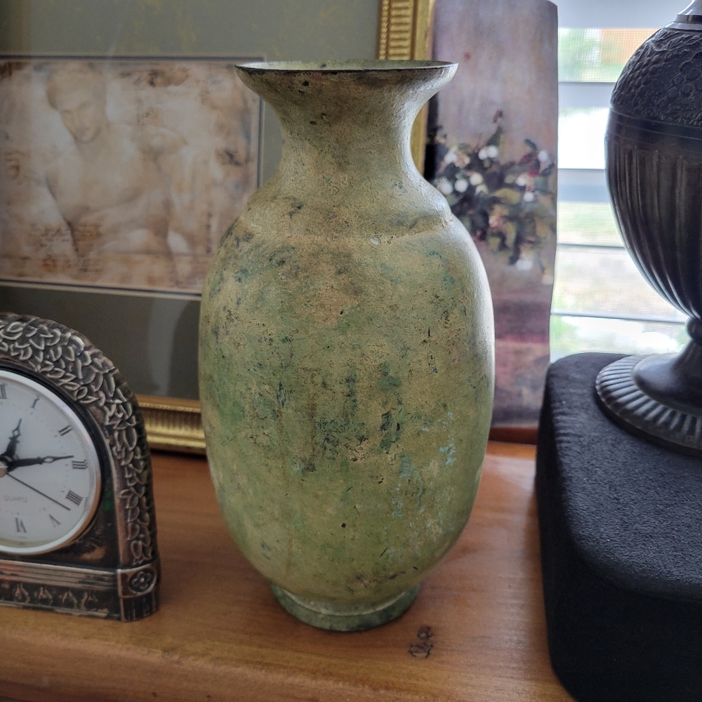 Aged green style metal vessel vase